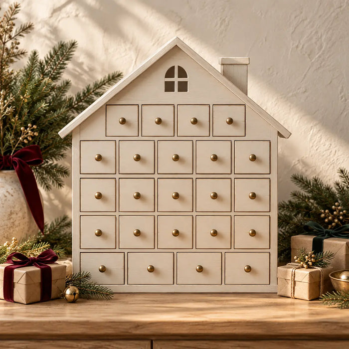 A wooden house advent calendar styled with evergreen branches and wrapped gifts.