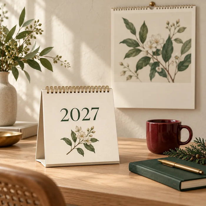 A 2027 desk calendar and botanical wall calendar on a warm oak desk.
