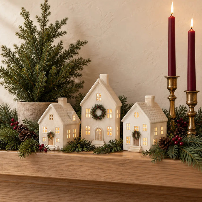 Glowing ceramic Christmas houses, evergreen greenery and burgundy candles.