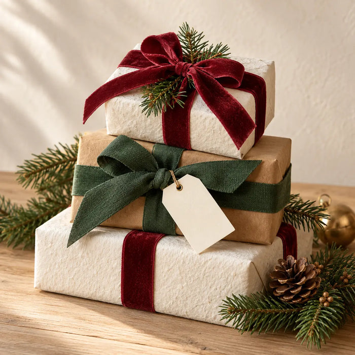 Thoughtfully wrapped Christmas gifts with burgundy and green ribbons.