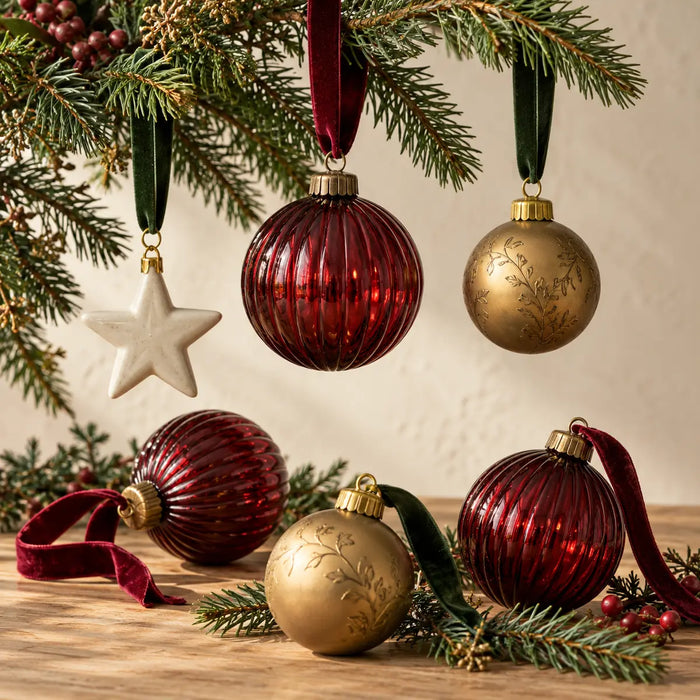 Burgundy glass baubles, gold ornaments and an ivory star on a fir branch.