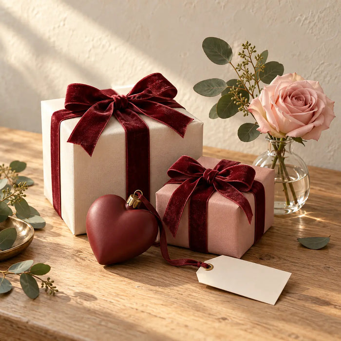 Romantic ribbon-wrapped gifts with a blush rose and a heart-shaped keepsake.